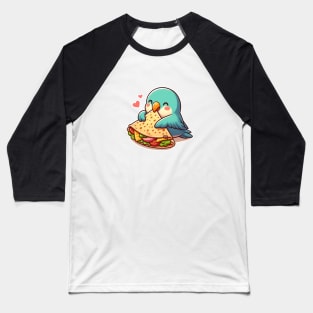 cute love birds are eating Mexican specialties, Tacos, Burritos, Enchiladas, Quesadillas, Guacamole, Fajitas, Chiles Rellenos, Tamales, Mole, Chilaquiles, Baseball T-Shirt